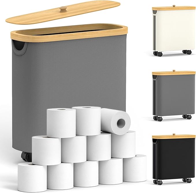 Toilet Paper Storage with Wheel Bamboo Toilet Paper Holder with Lid and Handle Toilet Papers Organizer for Bathroom Free Standing 30L Papers Basket for 9-12 Rolls Bathroom Accessories, Grey