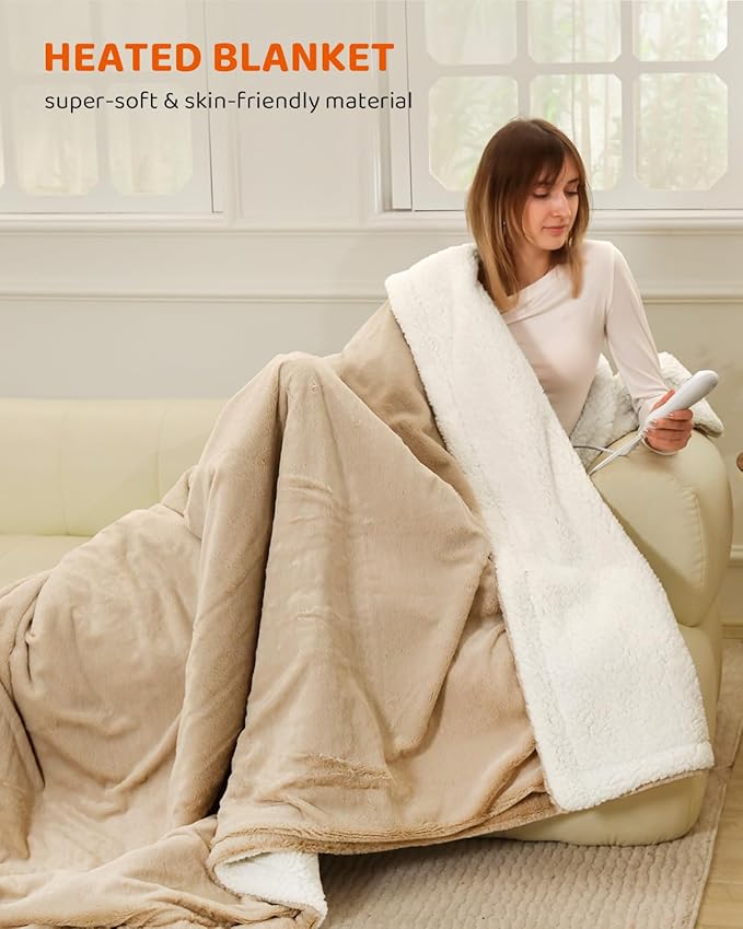 Heated Blanket Electric Blanket Twin Size, Faux Fur Heat Blanket, Super Soft Cozy Heating Blanket with 9 Heating Levels & 1-9 Hours Auto Off, Fast Heating & Overheat Protection, 62" x 84", Beige