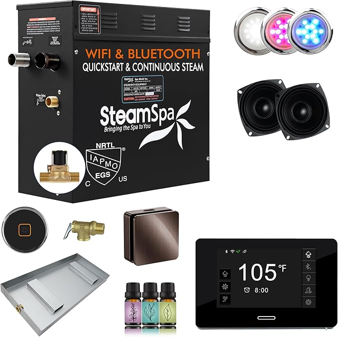 SteamSpa Steam System 4.5kW Steam Shower Generator with Bluetooth Wifi, Quickstart Continous Steam, Advanced Touch Pad Screen, Chroma Lights, Drain Pan and Auto Drain Oil Rubbed Bronze RVBS450ORB-A