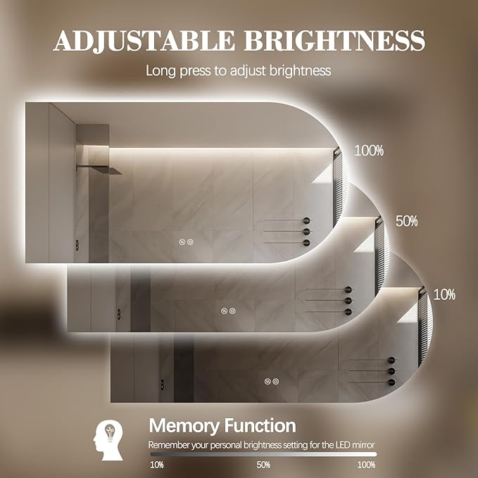 Arched LED Bathroom Mirror, 55"x28" Arch Framless Backlit Mirror with Lights Vanity Mirror for Makeup, Anti-Fog, Dimmable, 3-Color, Memory Function, IP65 Waterproof, UL Listed, Horizontal-Left