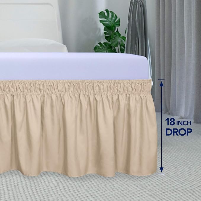 PureFit Wrap Around Ruffled Bed Skirt with Adjustable Elastic Belt - 18 Inch Drop Easy to Put On, Wrinkle Free Bedskirt Dust Ruffles, Bed Frame Cover for Twin, Twin XL and Full Size Beds, Beige