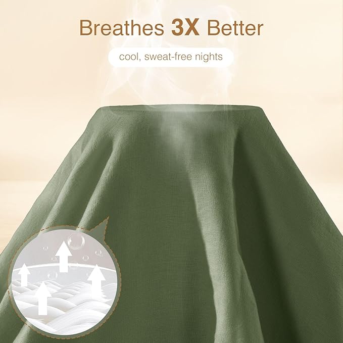 SONORO KATE 100% French Linen Duvet Cover Queen Size, Soft Breathable for Hot Sleepers, Moisture Wicking & Durable Cover Set - Zipper Closure & 4 Corner Ties Duvet Covers 3 Piece (Olive Green,Queen)