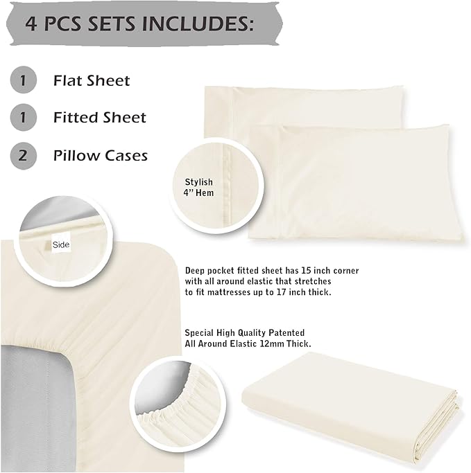 Pizuna Pure 100% Cotton King Size Sheets, 800 Thread Count Long Staple Cotton Crisp Sateen with 15in Deep Pocket (Combed New Ivory)