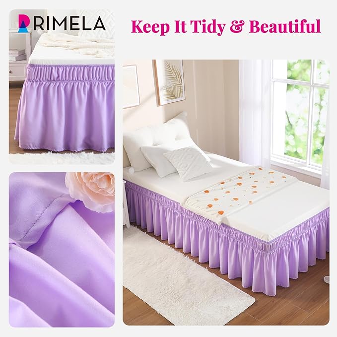 RIMELA Lilac Purple Bed Skirt Twin Size 15 Inch Drop, Elastic Bed Skirting for Bed Base and Frame, Bedding Dust Ruffle Easy to Install, Lightweight Wrap Around Adjustable Bedskirt