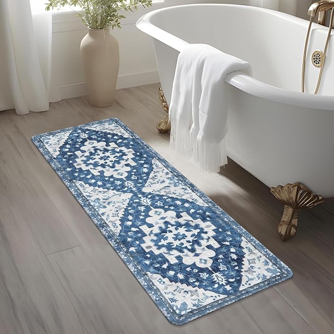 Uphome Boho Retro Bathroom Rug Runner Blue Non-Slip Soft Bath Mat Oriental Tribal Machine Washable Bath Rug Traditional Farmhouse Floral Long Rug for Shower Sink Entrance, 18x47 inch