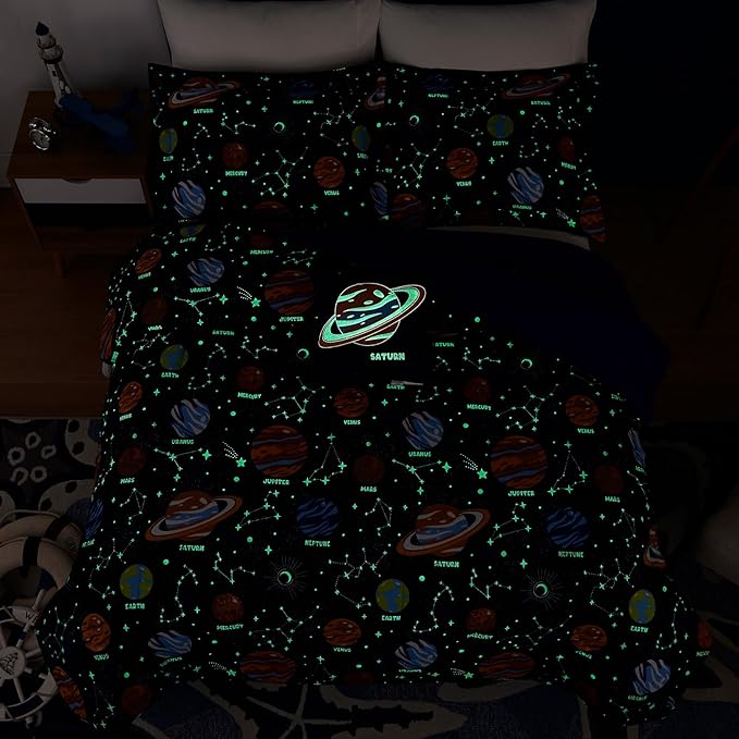 Glow in The Dark Kids Comforter Set Full Size for Boys Teen, Space Bedding Set 1 Comforter, 1 Decor Pillow, 2 Pillow Shams