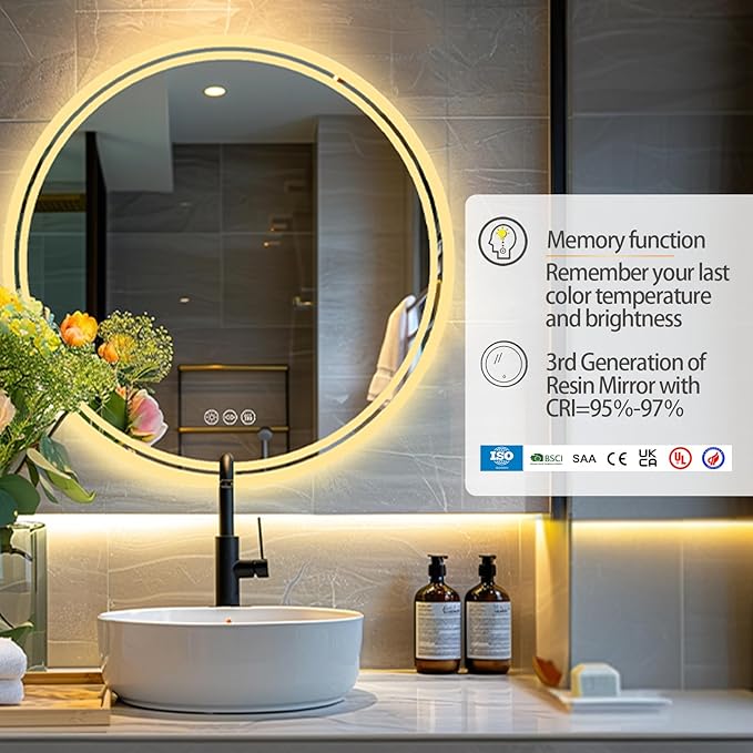 LUVODI Lighted LED Bathroom Mirror: 32” Circle Wall Mounted Large Lighted Makeup Mirror with Bright Back Lit - Illuminated Dimmable 3 Colors Vanity Mirrors with Demister Pad Smart Touch Switch