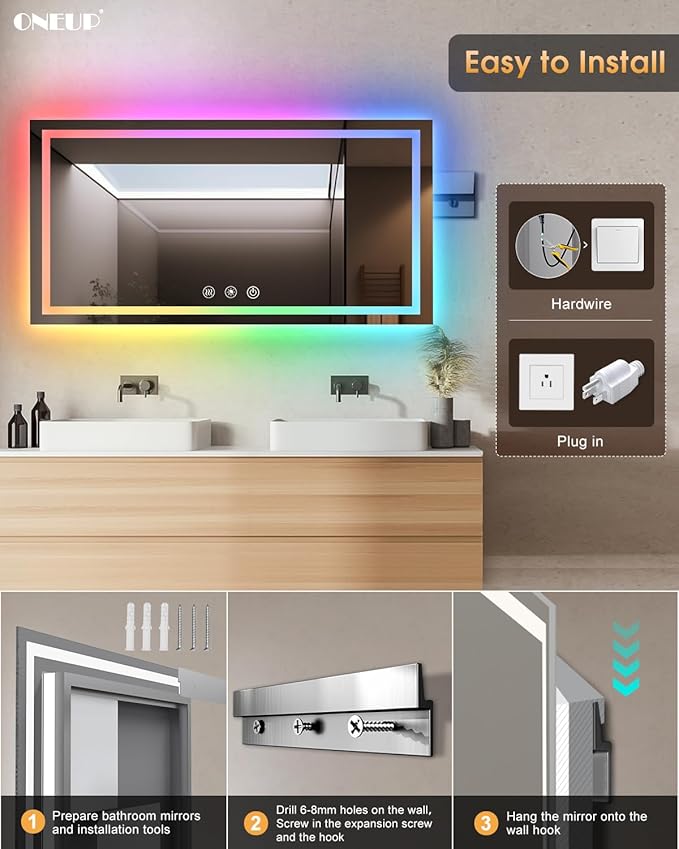 oneup 60x30 Inch Smart LED Bathroom Mirror,RGB Color Changing Bathroom Mirror with Lights,Anti-Fog Wall-Mounted Vanity Mirrors,Dimmable Multicolor Lighted,IP54 Waterproof