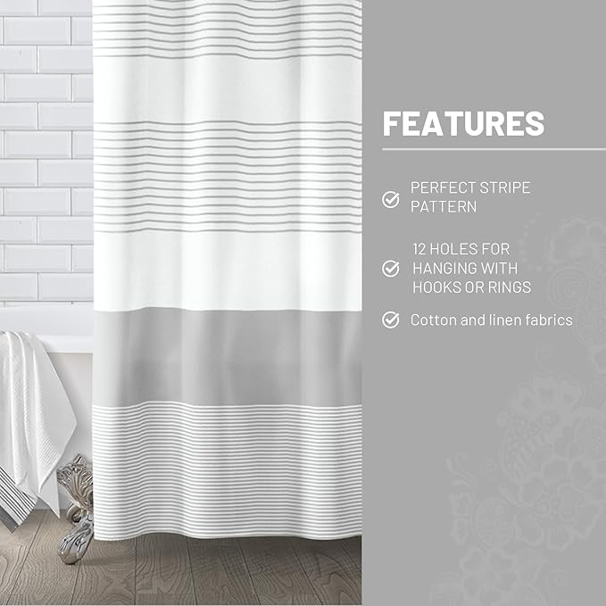 Awellife Boho Gray Shower Curtain for Bathroom Stripe Shower Curtain Boho Farmhouse Cotton Grey 72" L x 36" W