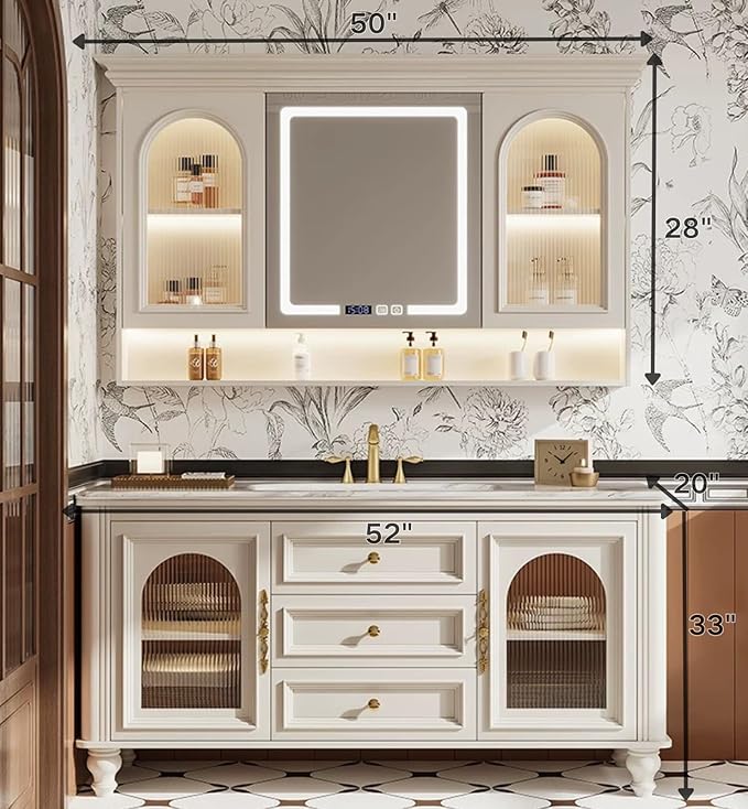 Freestanding Bathroom Vanity with Sink, Solid Wood Bathroom Vanity Set, Vintage Bathroom Vanities with Large Capacity Storage Cabinet and Open Shelf, Elegant Vanities (White,52")
