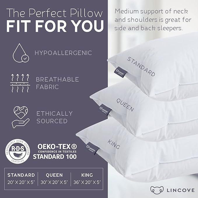 Lincove Recreation Sleeping Pillow, Filled with Premium Down, 600 Fill Power – Includes A Pillow Protector, 400 Thread Count Pillow Shell, King - Medium, 1 Pack