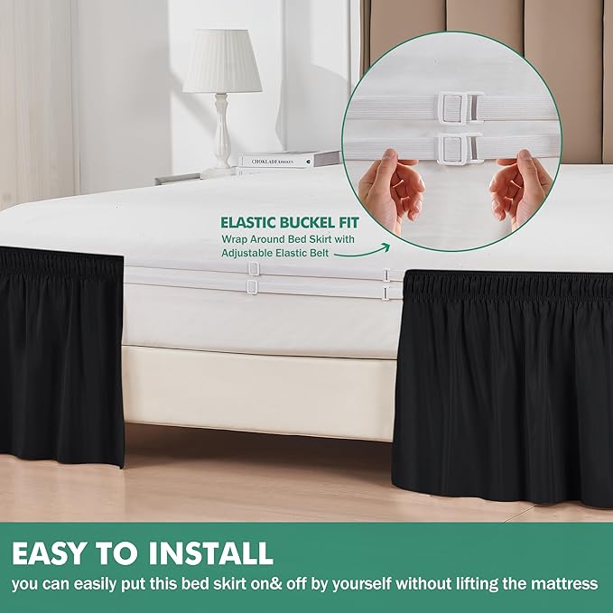 Biscaynebay Wrap Around Bed Skirts with Split Corners for King Beds 15" Drop, Black Adjustable Elastic Dust Ruffles Easy Fit Wrinkle Resistant Silky Luxurious Fabric Machine Washable