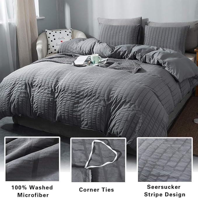 AveLom Seersucker Duvet Cover Set Full Size (80 x 90 inches), 3 Pieces (1 Duvet Cover + 2 Pillow Cases), Dark Gray Ultra Soft Washed Microfiber, Textured Duvet Cover with Zipper Closure, Corner Ties