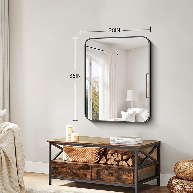 Koonmi Black Framed Bathroom Mirror - 28x36 Inch Shatterproof Tempered Glass Vanity Mirror for Bathroom Sink, Wall Mounted with Matte Aluminum Alloy Frame, No Distortion, Modern Decor