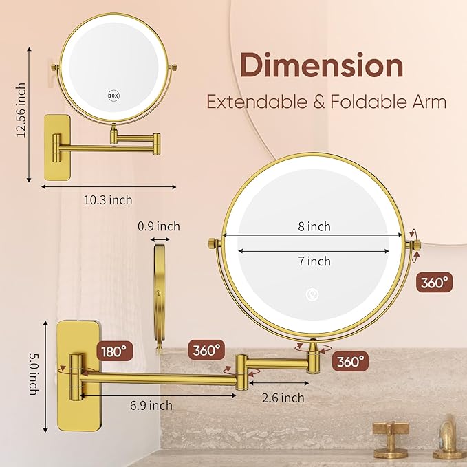 GURUN 8" Wall Mounted Makeup Mirror,Magnifying Dual-Side Mirror,| 360° Rotation & Extended Arm Bathroom Mirror| 14" L x 14" W Retro Gold-led Light 7X M1406DGJ(8",7X)
