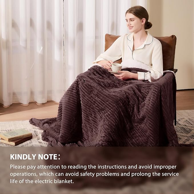 Homemate Heated Blanket Electric Throw - 50"x60" Heating Blanket Throw 1/2/4/6/8 Hours Auto-Off 10 Heat Levels Over-Heat Protection Soft Flannel Sherpa ETL Certification