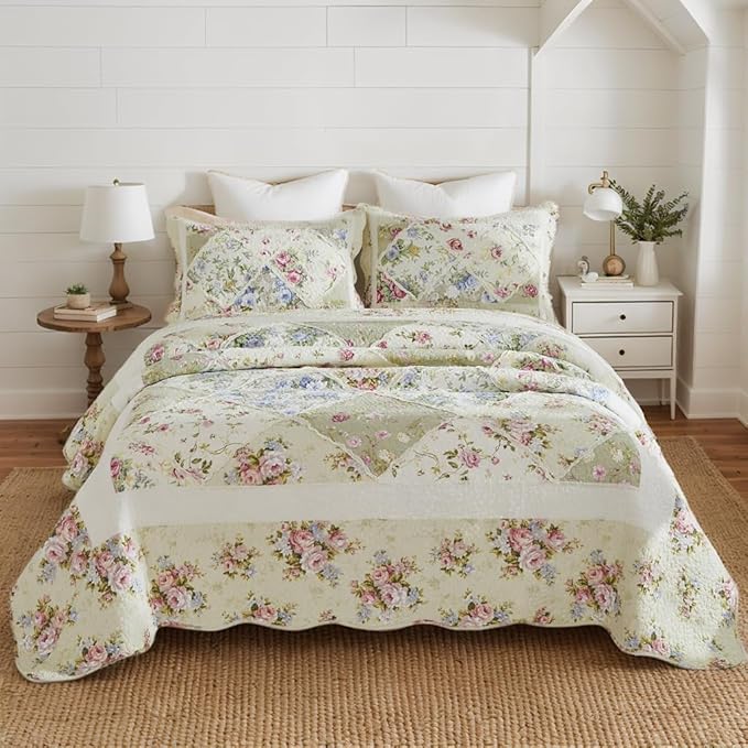 Brandream Patchwork Quilts Cotton Queen Size Country Rustic Rose Floral Bedding Coverlet Set 3-Piece Pale Yellow