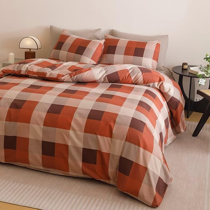 Cottonight Checkered Red Comforter Set Twin Gingham Grid Bedding Set Red and Khaki Grid Comforter Fluffy Soft Bedding Set Kids Teens Twin Comforter with 2 Pillowcases