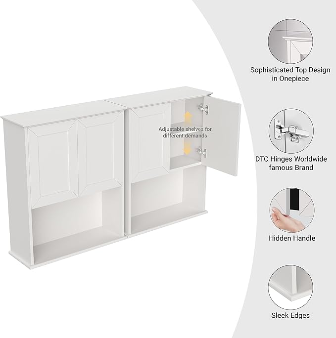 Bathroom Wall Cabinet Wooden with 2 Doors,Over the Toilet Storage Cabinet,Bathroom and Laundry Wall Mount Storage Medicine Cabinet with Open and Adjustable Shelf,Easy Assembly (Style A-2 PC, White)