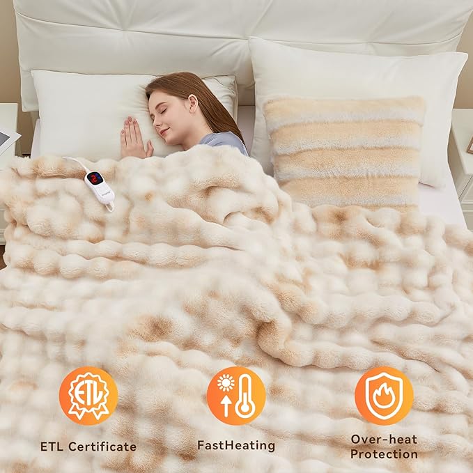 Heated Blanket Queen Size with 1/2/4/6/8 Hours Auto-Off 10 Heat Level, 72'' * 84'' Cozy Faux Rabbit Fur Bubble Electric Blanket with Overheat Protection(Tie-Dye Beige)