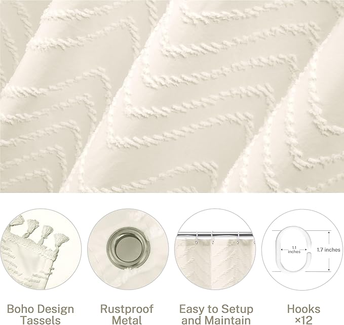 Farmhouse Boho Shower Curtain, Woven Fabric Cream Long, 72 x 78, Tufted Chevron Striped Modern Chic Textured Minimalist Bathroom Curtain