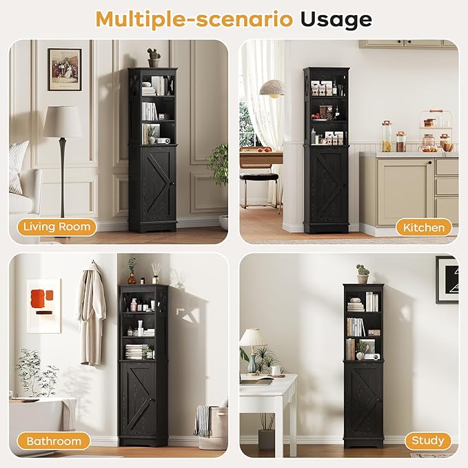 Tall Bathroom Storage Cabinet with Door and Open Adjustable Shelves, 60.9" H Wooden Tower Corner Narrow Farmhouse Cabinet, Freestanding Organizer for Kitchen, Entryway Black