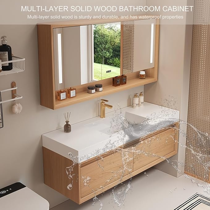 Single Sink Bathroom Vanity, 72Inch Modern Bathroom Vanity Set Includes LED Smart Defogging Mirror Cabinet and Open Shelf, Floating Vanities with One Piece Sink and Drawers Storage(Original Wood )