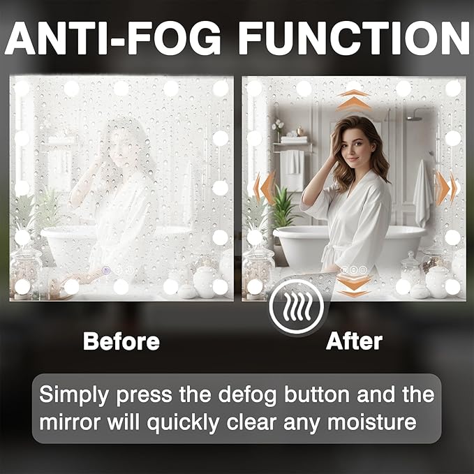 48x32 Lighted Bathroom Mirror, Hollywood Wall-Mounted Mirrors with LED Bulbs, 3 Color Temperatures and Step-Less Dimming, IP54 Enhanced Anti-Fog, Corrosion Proof, Touch Sense