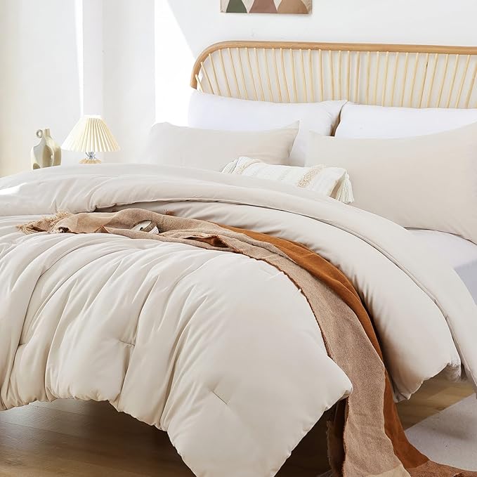 ROSGONIA King Size Comforter Set Beige, 3pcs (1 Boho Comforter & 2 Pillowcases) All Season Bedding Soft Lightweight Bedspread Cozy Blanket Quilt