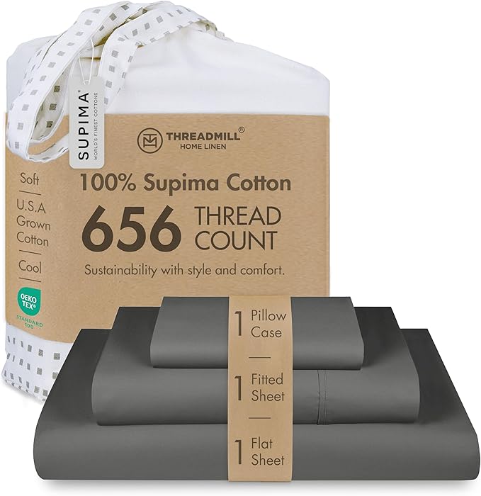 Threadmill Twin Sheet Set |656 Thread Count 100% Supima Cotton Sheets for Twin Mattress | Solid Sateen Twin Bed Sheets Set with 16” Deep Pocket | Soft Breathable 3-Piece Cooling Sheet Set | Dark Grey