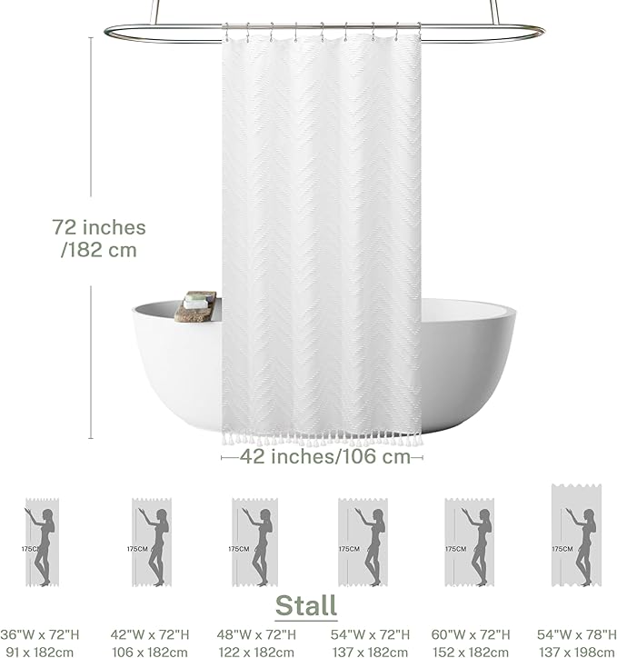Stall Boho Shower Curtain White Tassel Woven Fabric Shower Curtain 42 x 72 Modern Farmhouse Textured Tufted Chevron Striped Minimalist for Bathroom, Closet Door