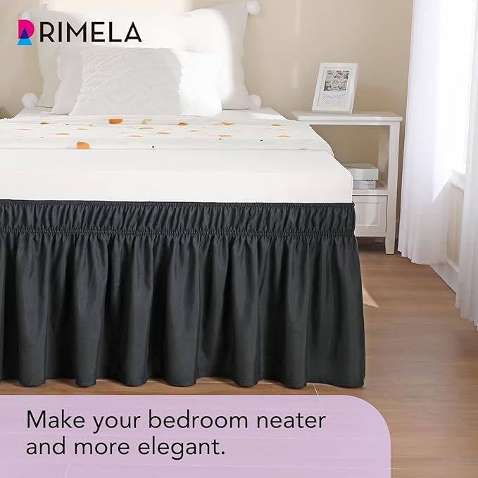 RIMELA Black Bed Skirt Twin Size 15 Inch Drop, Elastic Bed Skirting for Bed Base and Frame, Bedding Dust Ruffle Easy to Install, Lightweight Wrap Around Adjustable Bedskirt