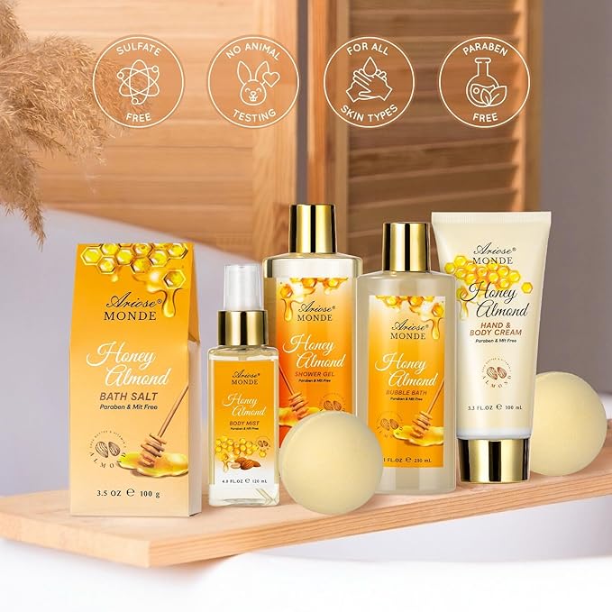 Bath & Body Gift Set, Luxury Home Spa Bath Gift Basket, Honey Almond Scented Bath Set, Pamper Gifts for Women & Teens, 15 Pcs Relaxing Home Spa Kit with Bubble Bath, Bath Salts, Body Lotion