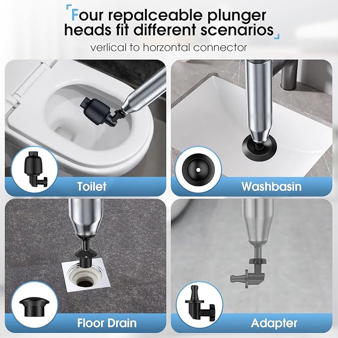 TheElves Toilet Plunger Heavy Duty Pro, Electric High Pressure Toilet Clog Remover Tool, Powerful Bathroom Plunger with Holder for Drain Cleaning - Black