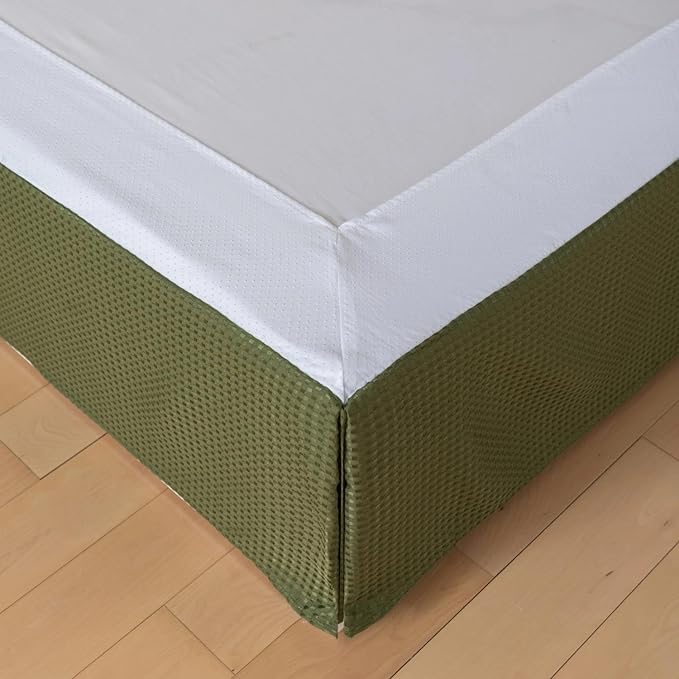 Full Bed Skirt, Wrap Around Bed Skirt with Pleated Corner, 14 Inch Drop Pleated Waffle Weave Bedskirts, Anti-Slip, Microfiber, Green, 14'' Full