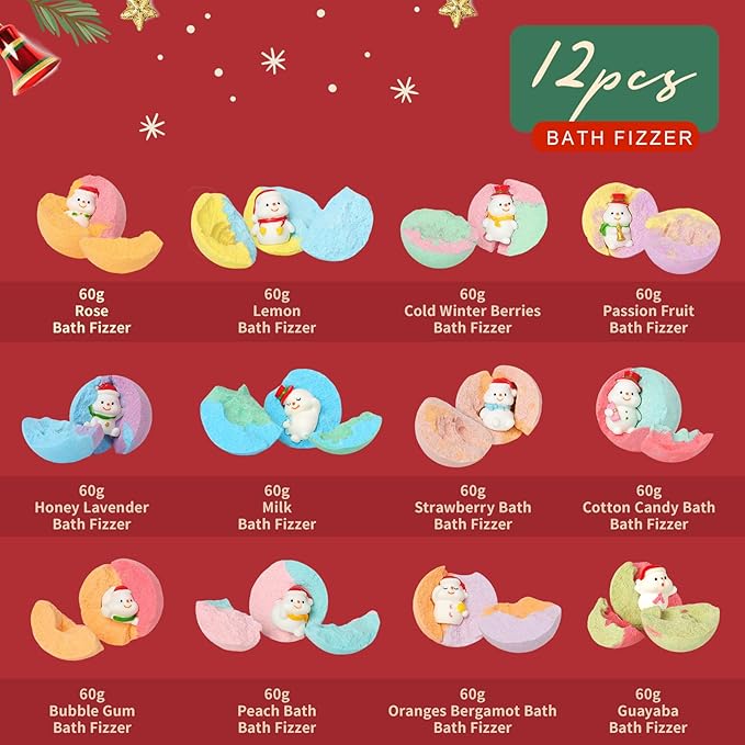 12Pcs Advent Calendar 2025 Christmas Gifts for Kids Women - Christmas Advent Calendar Bath Bomb with Surprise Inside Bath and Body Gift for Sister, Wife, Mom, Son, Daughter｜Spa Gift Set Idea for Kids