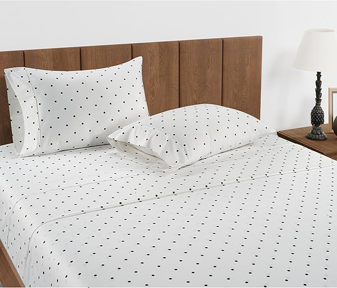 LANE LINEN Twin Extra Long Sheets – 450 Thread Count Cooling Cotton Sheets, Soft & Comfy Sateen Weave, 15” Deep Pocket Fully Elasticized Fitted Sheet, Hotel Sheet & Pillowcase Set, Polka Dot Black