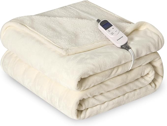 Heat Blanket 62”x84” Twin Size,Soft Flannel & Sherpa Reversible Electric Blanket with 10 Heat Settings,12 Timer Setting and 8 Hours Auto-Shut Off,ETL Certified Machine Washable,Ivory
