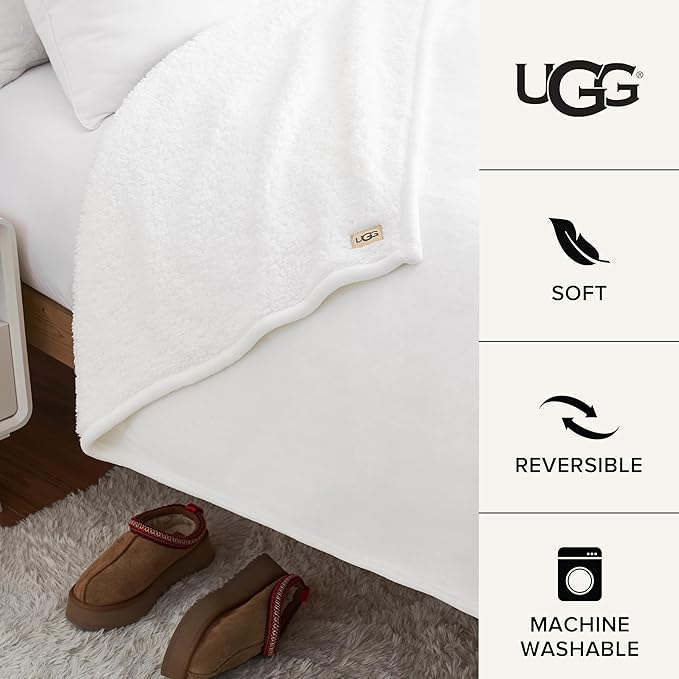 UGG Ariana Twin/Twin XL Blanket Fleece Fluffy Reversible Soft Fuzzy Bedding Cozy Big Plush Warm Oversized Bed Blanket Machine Washable Bedroom Decor for Dorm or Bed, 60-inch x 90-inch, White Snow