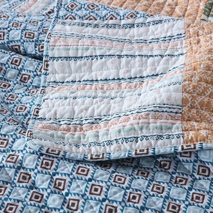 Autumn Dream Cotton Bedspread Quilt Sets Reversible Bedding Coverlet Sets Comforter, Vintage Floral Patchwork Red Blue Bedspread, King Size (Blue Bohemian Patchwork, Queen (90 by98 Inch))