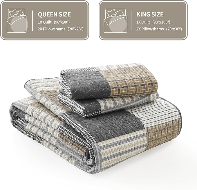 KALOOLA Plaid Quilt King Size, 100% Cotton Soft Lightweight Quilted Bedding Set for King Bed, Farmhouse Reversible Bedspread Coverlet with 2 Pillowshams for All Season, 3 Pcs, Grey/White/Black