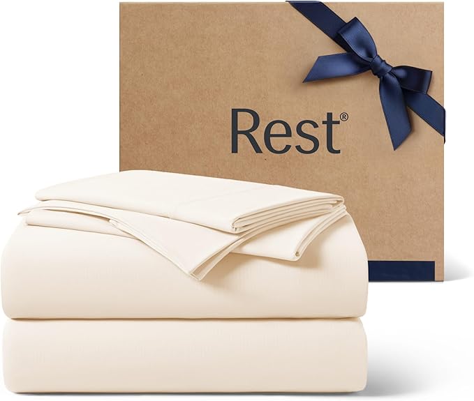 REST® Evercool®+ Cooling Sheet Set, Queen Size, Snow Ivory, Breathable Bed Sheets for Hot Sleeper and Night Sweats, with Pillowcases, with Ionic+ Self-Cleaning Silver Yarn for Sensitive Skin, 4PCS