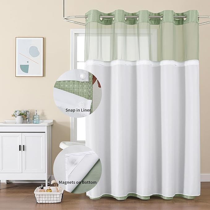 Colorful Star No Hook Shower Curtain with Snap in Fabric Liner, Waffle Weave Heavy Duty Thick Shower Curtains with Mesh Top Window, Hotel Style Waterproof Bathroom Curtain Set, 72'' x 81'', Sage Green