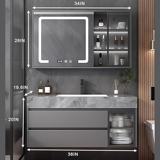 Gray 36IN Modern Bathroom Vanity - Wall-Mounted Bathroom Storage Cabinet & Bathroom Vanity with Sink, Bathroom Medicine Cabinet Wall Mounted, Defogging & Led Lighting | Bathroom Cabinet Slim