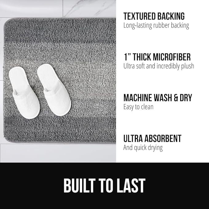 GORILLA GRIP Ultra Soft Plush Bathroom Rugs with Textured Rubber Backing, 34 x 24 Absorbent Quick Dry Bath Mat, Machine Washable Shower Mats, Home Décor Accessories Bathmat Rug Essentials, Grey