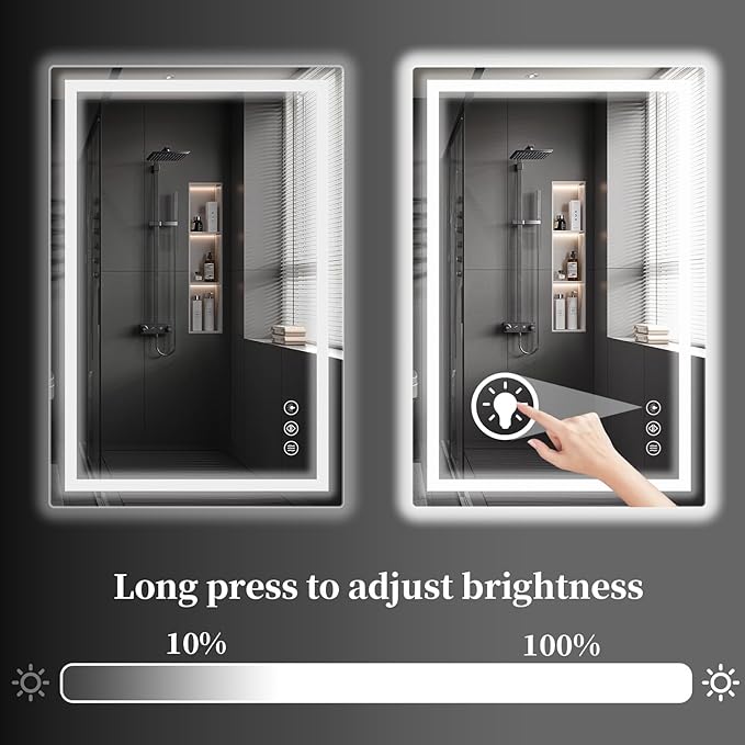 Koonmi 26x38 LED Bathroom Mirror, Backlit + Front Lit, LED Bathroom Mirror with Lights for Wall, 3 Colors, Anti-Fog, Dimmable Brightness, Memory Function, Tempered Glass