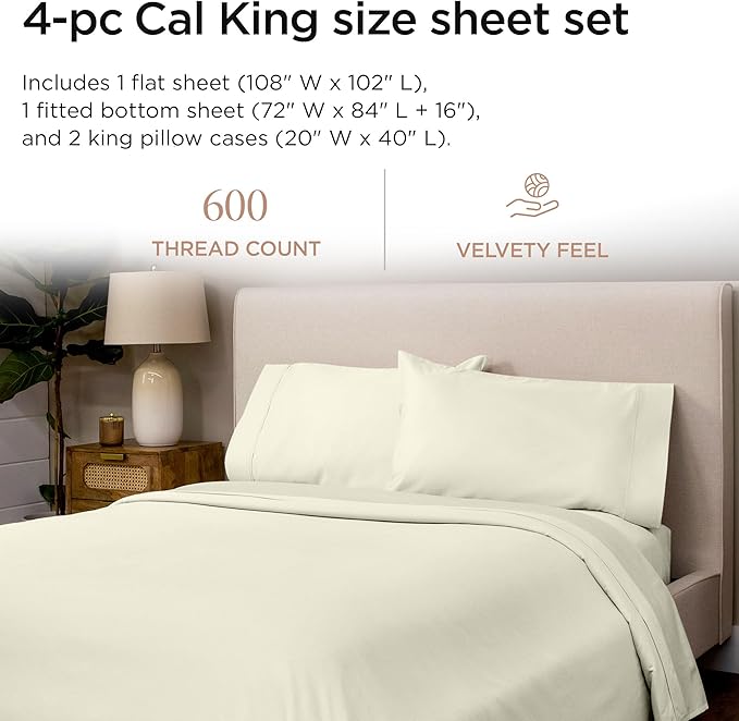 Threadmill 100% Cotton Sheets for Cal King Size Bed - 600 Thread Count Cal King Bed Sheets Set with 16” Deep Pocket - Sateen Weave 4-Piece Bedding Set with Cooling Effect, Ivory