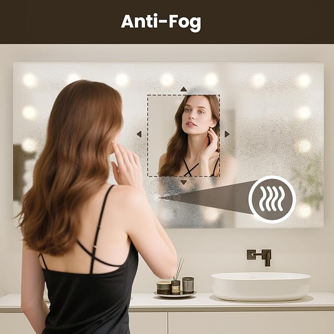 WTTY LED Bathroom Mirror with Lights 48"x32" Hollywood Wall-Mounted Mirror with 3 Color Temperatures, Stepless Dimmable Bulbs, Anti-Fog & Shatter-Proof