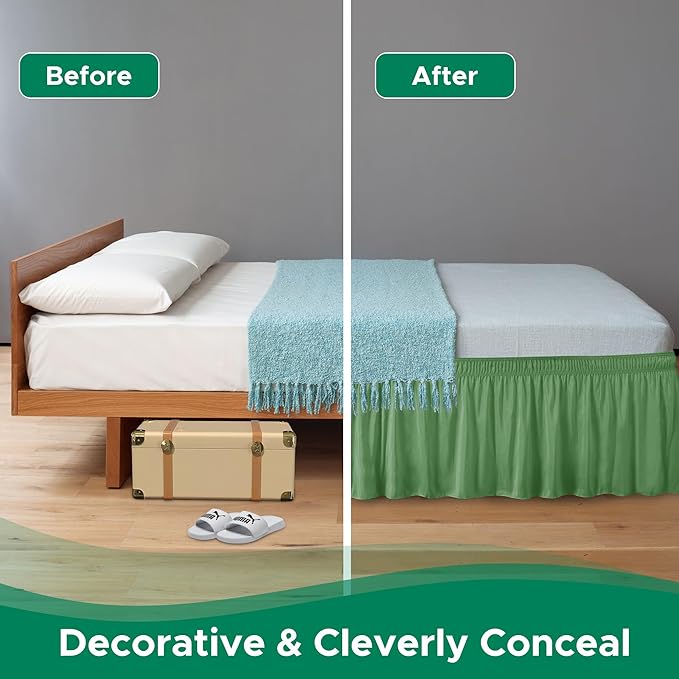 Biscaynebay Wrap Around Bed Skirts for King & Cal King Beds 18" Drop, Sage Adjustable Elastic Dust Ruffles Easy Fit Wrinkle Resistant Silky Luxurious Fabric Machine Washable