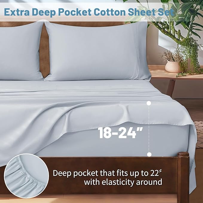 Extra Deep Pocket California King Sheets 18-24 Inch 1000 Thread Count 100% Egyptian Cotton Sateen Weave Soft Breathable 4 Pieces（California King,Light Blue）